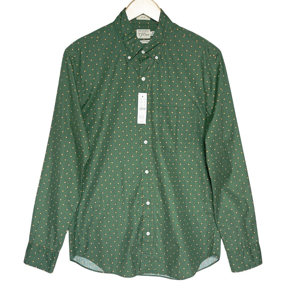 NWT J.CREW Men’s Green Geo Print Secret Wash 2ply Cotton Long Sleeve